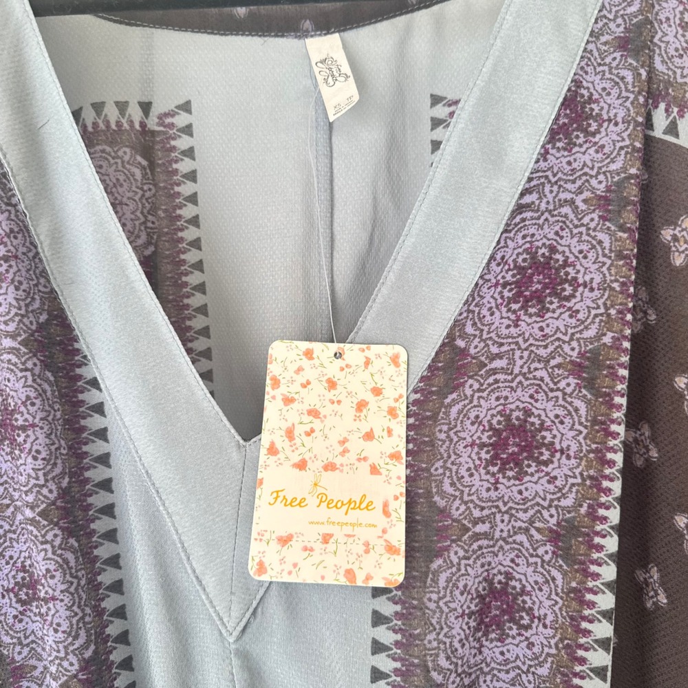 Free People XS Blue Brown Paisley Boho Kimono Sleeve Tunic Mini Dress NWT - Picture 3 of 6